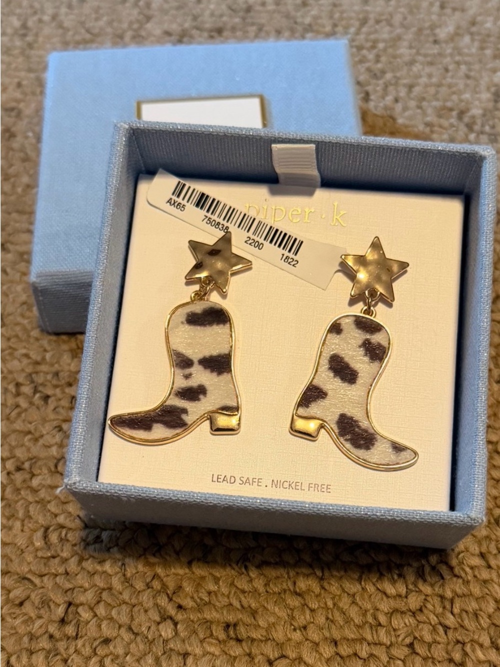 Piper K Cow Print Cowboy Boot Earrings - White/Brown